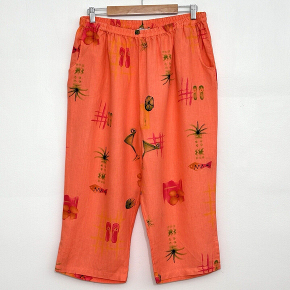 Vintage Cotton Connection Womens Pants XL‎ Orange Linen Painted Beachy Cocktail - Picture 1 of 16